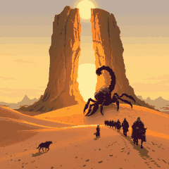 Um escorpião gigante surge entre dois rochedos diante de uma caravana